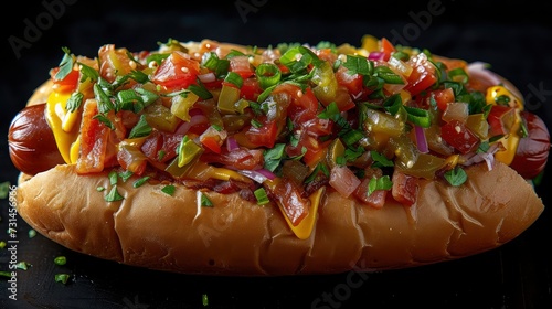 Dazzling Hot Dog Display on black background. Culinary Artistry