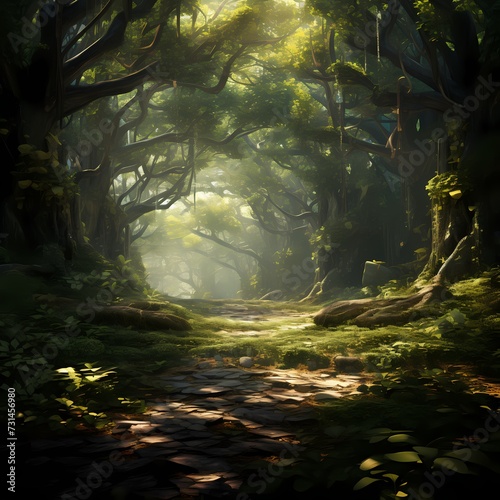 An enchanting forest canopy, where sunlight filters through the lush leaves, creating a play of shadows on the forest floor