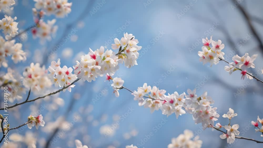 Cherry blossom branches spreading towards the sky, with full bloom flowers enhancing the spring day scene against the blue sky and white clouds.
Cherry blossom branches spreading towards the sky, with full bloom flowers enhancing the spring day scene against the blue sky and white clouds.