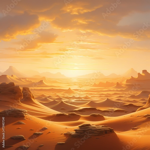 An expansive desert landscape at sunrise, with dunes stretching as far as the eye can see, bathed in warm, golden light