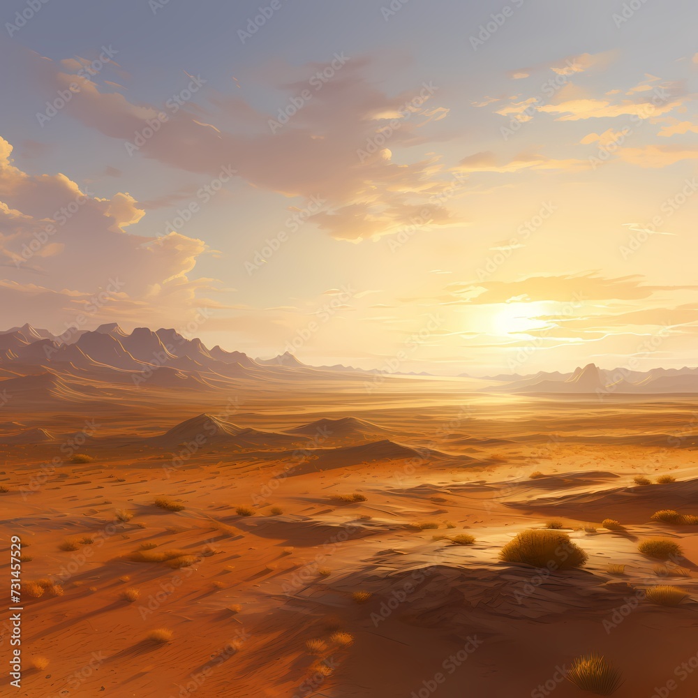 An expansive desert landscape at sunrise, with dunes stretching as far as the eye can see, bathed in warm, golden light