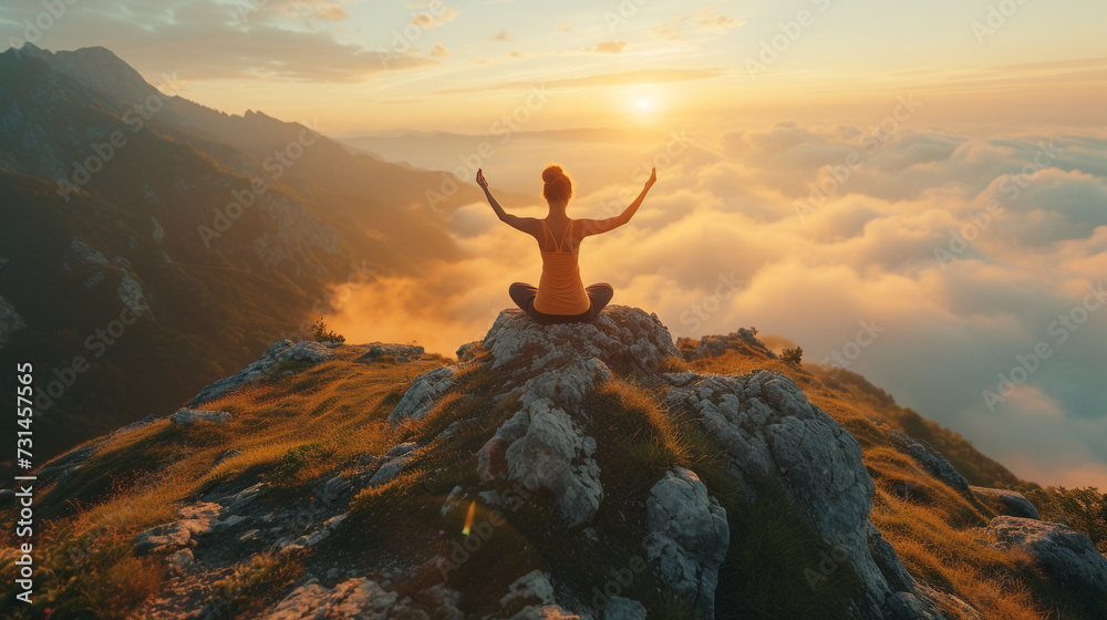 Radiant woman practicing yoga on a tranquil mountaintop at sunrise.