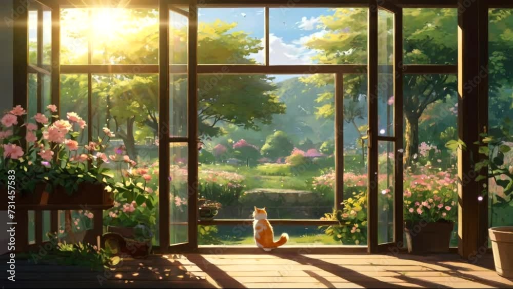 A cat sitting in a window with a view of a flowers garden in the backyard 