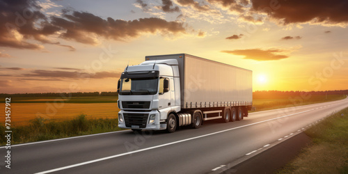 Fast and Furious: A Heavy Truck Speeding Through a Clear Summer Sunset on a Highway, Carrying Freight and Delivering Goods.
