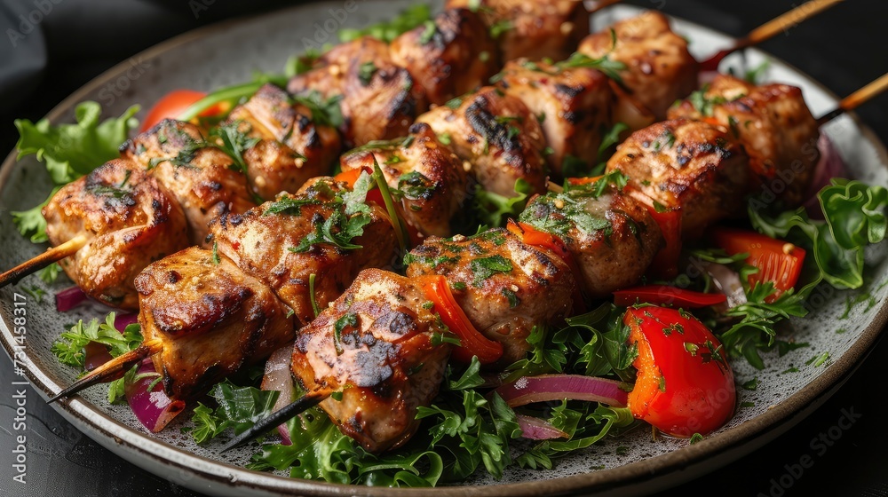 Tantalizing Skewered Kebab Delight on the plate on the table.