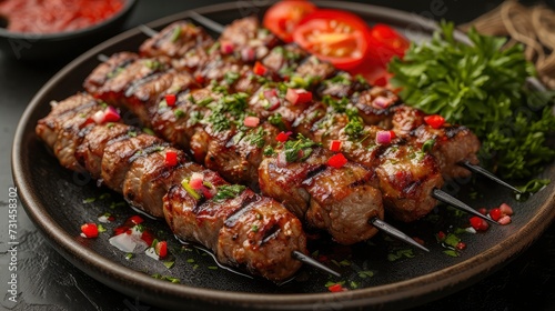 Tantalizing Skewered Kebab Delight on the plate on the table. © pengedarseni