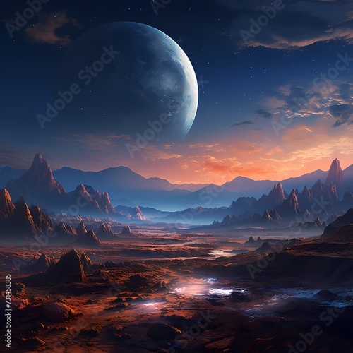 An expansive lunar landscape with Earth rising on the horizon  casting a soft glow over the rugged and cratered terrain