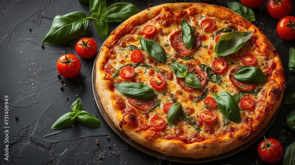 Pizza Perfection: Top View Presentation on wooden tray on dark background.