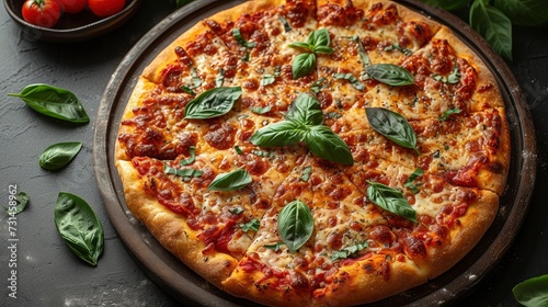 Pizza Perfection: Top View Presentation on wooden tray on dark background.