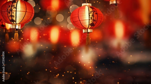 A Chinese red lanterns on a happy Chinese New Year night adorning the Chinese community, clear details of Chinese lanterns, bokeh blur background, out of focus city lights.