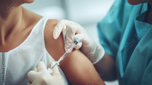 A Vaccination, closeup of a doctor's hand holding a syringe injecting a vaccine into a female patient's shoulder. Influenza vaccine clinical trial concept, side effects of virus treatment.