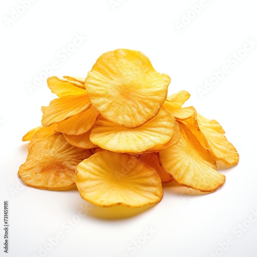 Crunchy Delight: A Tempting Array of Chips, Isolated on a Clean White Background. Dive into the Irresistible Crunch and Flavorful Goodness of These Savory Snacks, Perfectly Presented for Your Culinary
