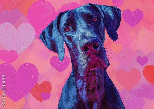 pop art hipster great Dane wearing glasses. big hearts, Valentine's Day card, pastel colors, hearts. 