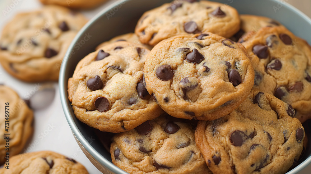 plate of freshly baked delicious Chocolate Chip Cookies piled on top of each other. A bright and airy food photoshoot in a studio with lighting for advertising