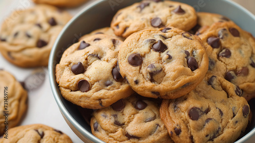 plate of freshly baked delicious Chocolate Chip Cookies piled on top of each other. A bright and airy food photoshoot in a studio with lighting for advertising
