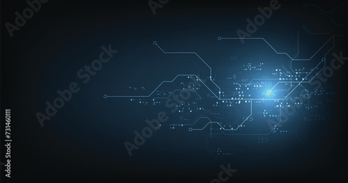 Circuit board blue technology background.Vector abstract technology illustration Circuit board on dark blue background.High-tech circuit board connection system concept.	 photo