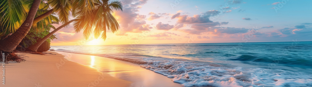 A Beach With Palm Trees and the Sun Setting