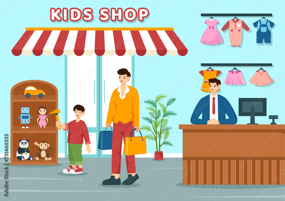 Kids Shop Vector Illustration with Boys and Girls Children Equipment such as Clothes or Toys for Shopping Concept in Flat Cartoon Background Kids Shop Vector Illustration with Boys and Girls Children Equipment such as Clothes or Toys for Shopping Concept in Flat Cartoon Background