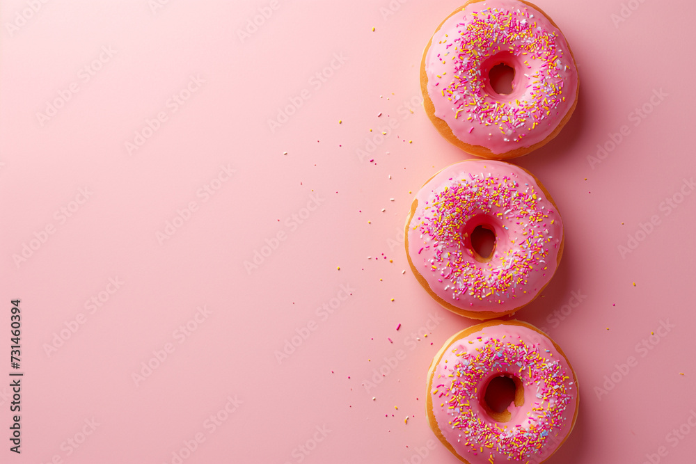 top view of pink frosted donuts arranged neatly on a bold pastel pink minimalist background. Strawberry Donut stock photo top view of pink frosted donuts arranged neatly on a bold pastel pink minimalist background. Strawberry Donut stock photo
