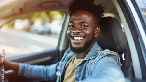 Happy young African American man driving a car