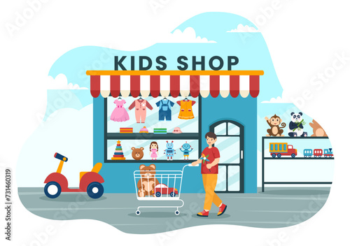 Kids Shop Vector Illustration with Boys and Girls Children Equipment such as Clothes or Toys for Shopping Concept in Flat Cartoon Background