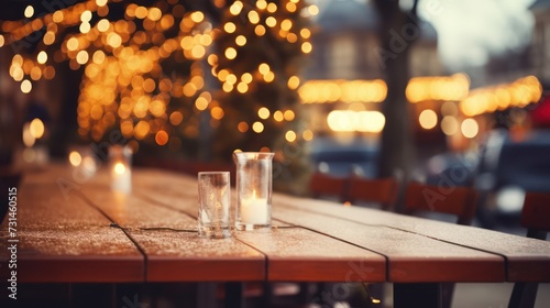 Background in billboard design  outdoor table of restaurant in winter. Cozy atmosphere  focused focus  bokeh.