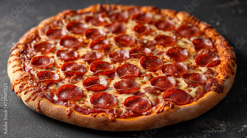 food photography of a warm delicious cheesy pepperoni pizza on black concrete background.