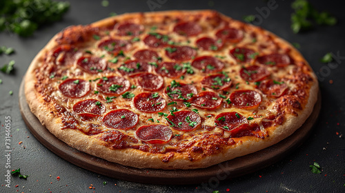 food photography of a warm delicious cheesy pepperoni pizza on black concrete background.