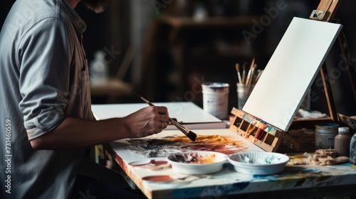 Art, close up of artist with palette and brush painting still life on paper at studio. perfection, realistic photos. photo