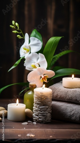 A Spa and health care services Decorated with candles, spa stones and salt on a wooden background. White towels with bamboo sticks and candles for relaxing spa massages and body treatments.