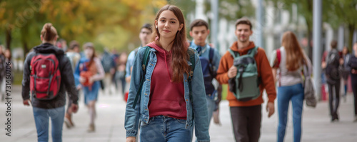 panoramic view of students walking to class in a university or college environment. Moving crowd motion blurred background  hd  realistic photo. 