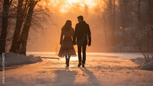 Couple's Winter Walk at Sunset in Snowy Park 