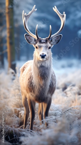 A reindeer stands on the frosted grass on an early winter morning in a snowy pine forest. winter animals  beautiful scenery