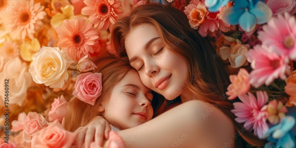 Happy Mother and Daughter Enjoying Quality Time Together. Joyful Mom Embracing Her Daughter Surrounded by Flowers. Heartwarming and Emotionally Resonant for Mother's Day