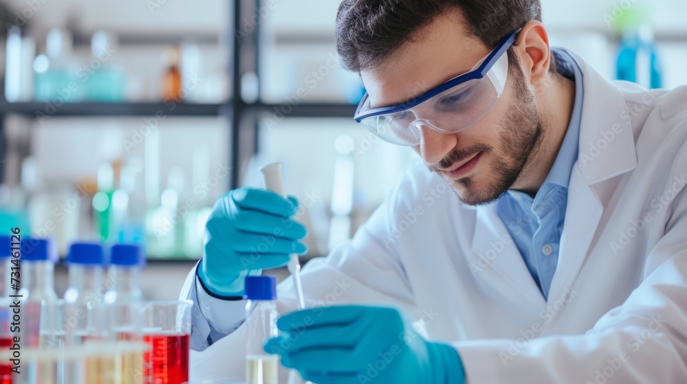 Young male scientist using a micropipette in a medical research lab. The analysis of biochemical samples. Advanced scientific lab for medicine, microbiology and biotechnology development Young male scientist using a micropipette in a medical research lab. The analysis of biochemical samples. Advanced scientific lab for medicine, microbiology and biotechnology development