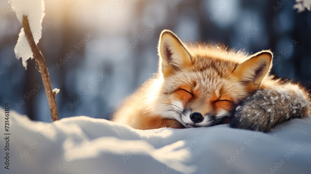 A Brown Fox is sleeping on the snow. Fox family with overly hungry faces in fox village, abstract background. beautiful scenery, perfection. A Brown Fox is sleeping on the snow. Fox family with overly hungry faces in fox village, abstract background. beautiful scenery, perfection.