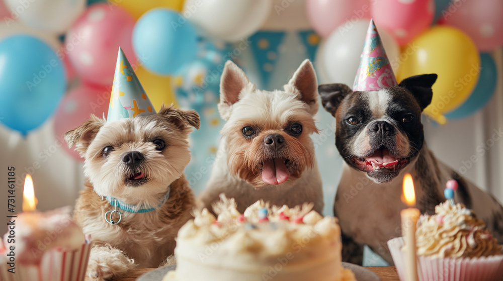 fancy dressed up dogs having a birthday party with cake, balloons ...