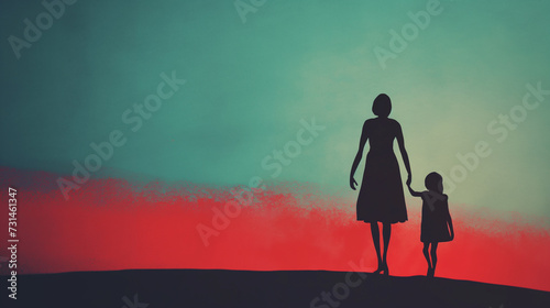 an illustration showing love and grief with mother and child. grief of a child or Mother illustration concept with Mother and child holding hands crossing over.