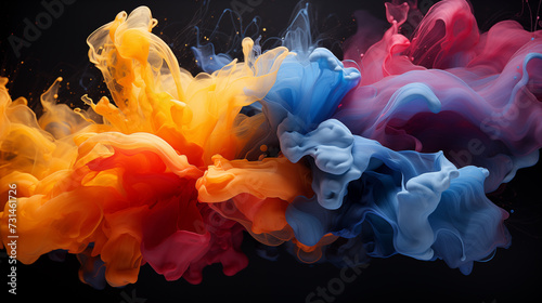Abstract background with acrylic blue and red hues diffusing in water, resembling ink blot explosion patterns. and colorful dust particles