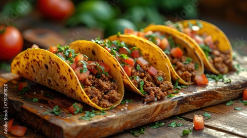 Tacos on wooden tray ready to serve.