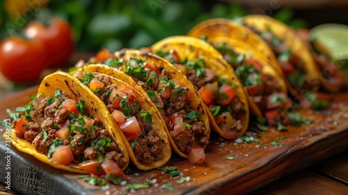 Tacos on wooden tray ready to serve.