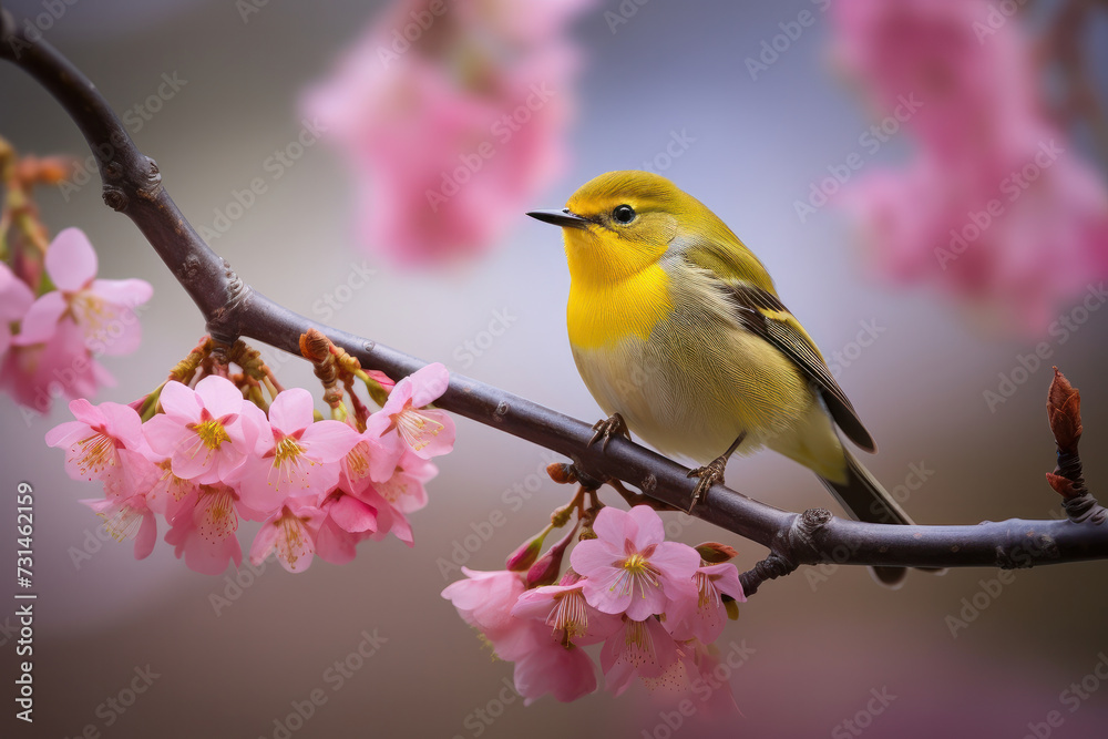 A vibrant bird perches amidst spring blossoms, a scene of serene natural beauty, AI Generative. A vibrant bird perches amidst spring blossoms, a scene of serene natural beauty, AI Generative.
