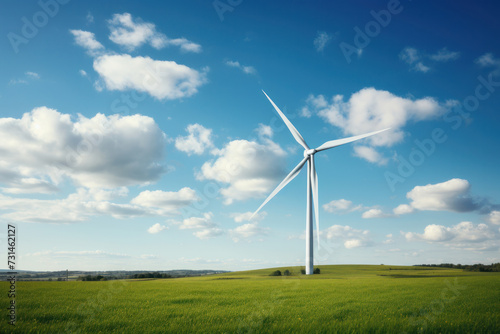 A solitary wind turbine spins gracefully in a lush green field, a beacon of sustainable energy and modern technology, AI Generative. © Alisa