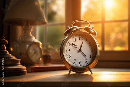 Old clock on a desk with warm morning light. AI Generative. photo