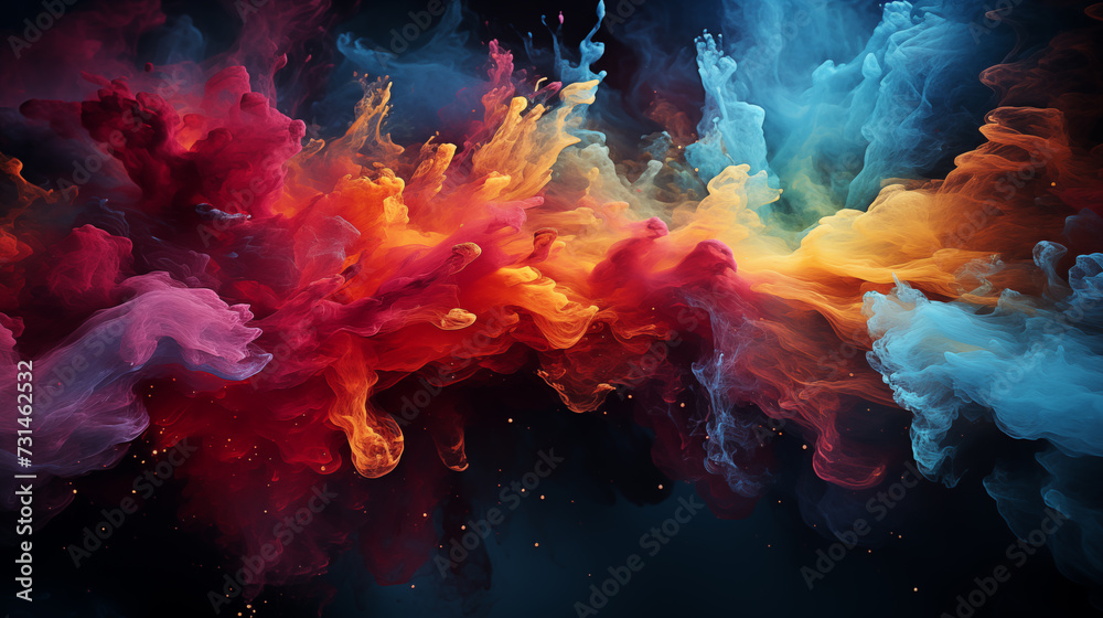 Abstract background with acrylic blue and red hues diffusing in water, resembling ink blot explosion patterns. and colorful dust particles splash 