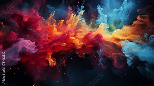 Abstract background with acrylic blue and red hues diffusing in water  resembling ink blot explosion patterns. and colorful dust particles splash 