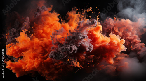  Explosion Smoke with Exploding Fire Dust isolated on black background. Explode effect overlay, red orange swirls colors 