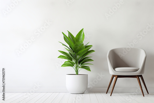 Minimalist elegance defines this white room with a lush green plant and modern chair, rendered in AI Generative style. photo