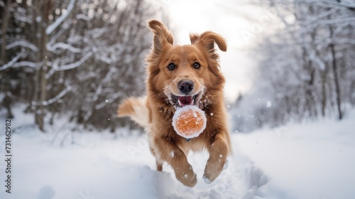 active dog Lammadore plays with a ball Run and play in the snow, surrounded by nature. © Phoophinyo