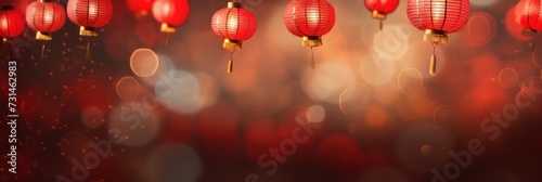A Chinese red lanterns on a happy Chinese New Year night adorning the Chinese community  clear details of Chinese lanterns  bokeh blur background  out of focus city lights.